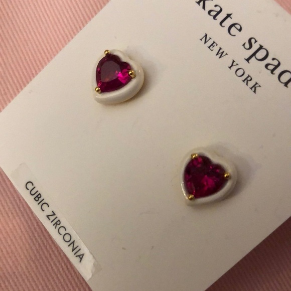Kate Spade Sweetheart Heart Shaped Stud Earrings White Frame Red CZ Accent NWT - Picture 6 of 14